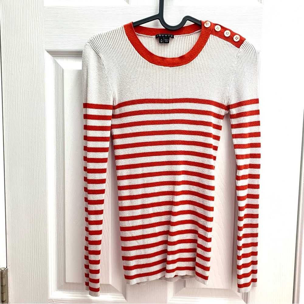 Theory Striped Long sleeve Top Pullover with shining buttons on shoulder